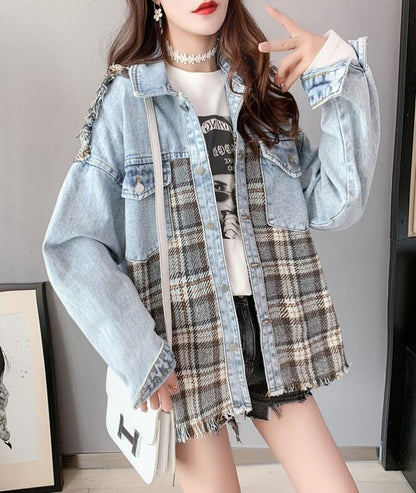 絶対流行 ファッション 活躍する優秀アイテム チェック柄 切り替え デニム Tシャツ ＜F-9264＞