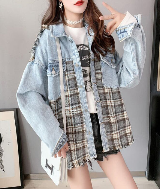 絶対流行 ファッション 活躍する優秀アイテム チェック柄 切り替え デニム Tシャツ ＜F-9264＞