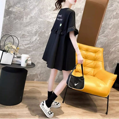 ミドル丈のイレギュラー半袖Tシャツワンピース<F-5007>