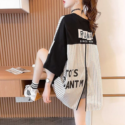 大好評   ストライプ柄 ロング Tシャツ 三色 ゆったりワンピース ＜F-4012＞