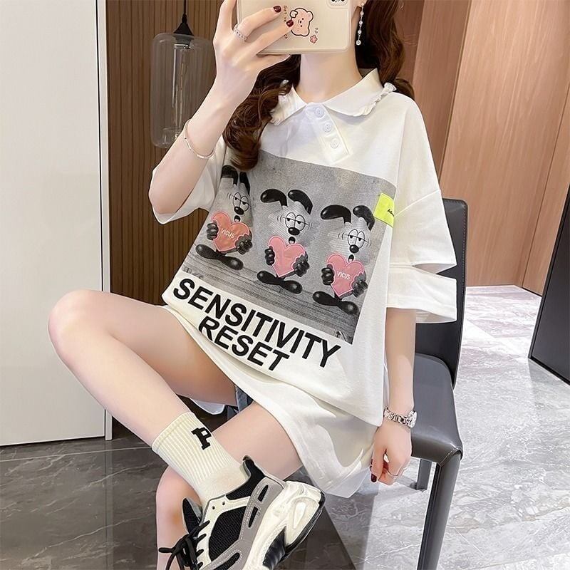 夏新作 アルファベットプリント POLOネック ロング Tシャツ ゆったりワンピース ＜F-3038＞