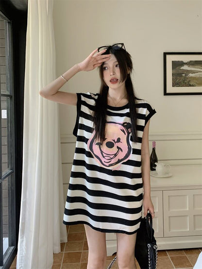 おしゃれ度アップ   ストライプ柄 Tシャツ ゆったり ワンピース＜F-2977＞