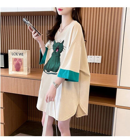 ユニークなデザイン気質のカラーブロック半袖Tシャツ<F-2900>