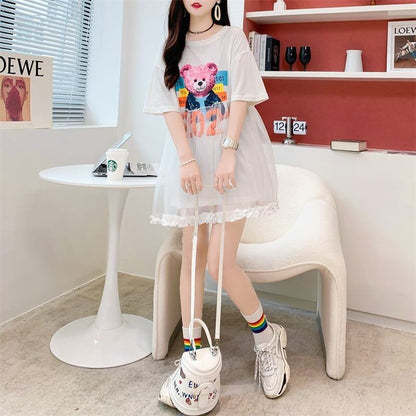デザインセンスレースステッチフェイクツーピース半袖Tシャツワンピース<F-2964>