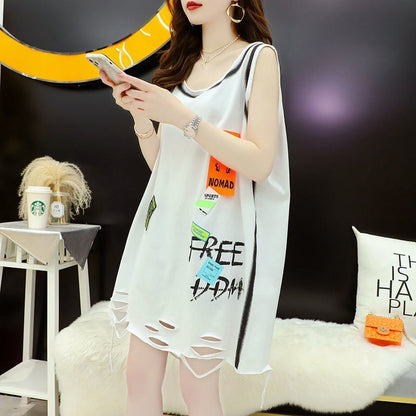 今季マストバイ ダメージ加工 デザイン性抜群 プリント全2色 ノースリーブ Tシャツ カットソー＜F-9141＞