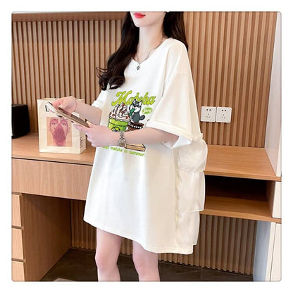 着回し力抜群 切り替え プリント ロング Tシャツ ゆったり半袖 Tシャツ ＜F-8498＞