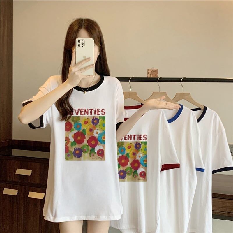 着せ   プリント Tシャツ 四色 ゆったり半袖 ＜F-3019＞