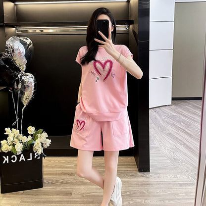 超人気 ホットダイヤモンド カジュアル プリント 半袖Tシャツ ショートパンツ セットアップ ＜F-9215＞