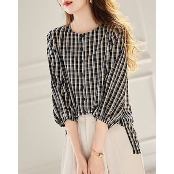 定番シンプル エレガント ゆったり感アップ チェック柄 Tシャツ カットソー＜F-8368＞