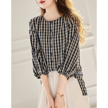 定番シンプル エレガント ゆったり感アップ チェック柄 Tシャツ カットソー＜F-8368＞
