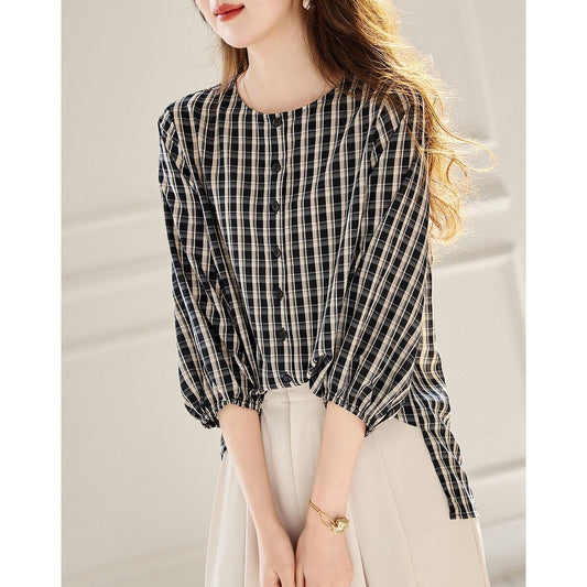 定番シンプル エレガント ゆったり感アップ チェック柄 Tシャツ カットソー＜F-8368＞