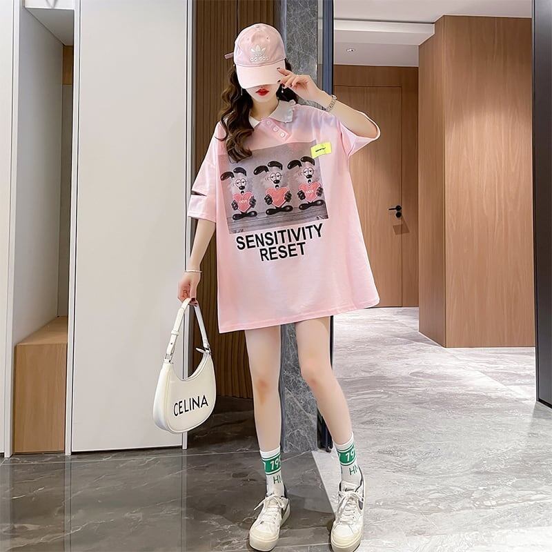 夏新作 アルファベットプリント POLOネック ロング Tシャツ ゆったりワンピース ＜F-3038＞