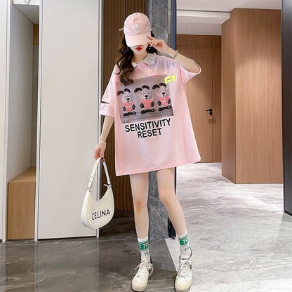 夏新作 アルファベットプリント POLOネック ロング Tシャツ ゆったりワンピース ＜F-3038＞