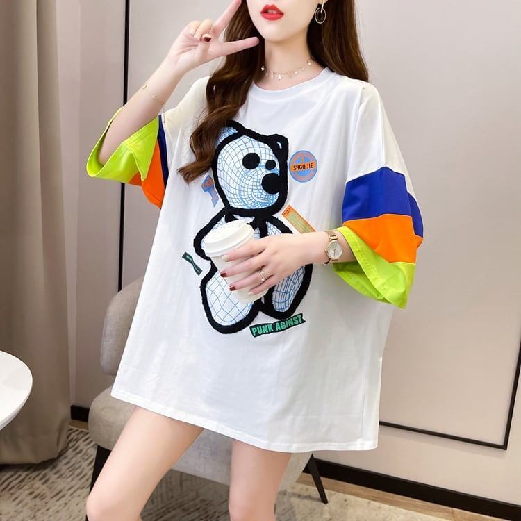 超人気商品   ベアー柄 プリント ロング Tシャツ ゆったりワンピース ＜F-4024＞