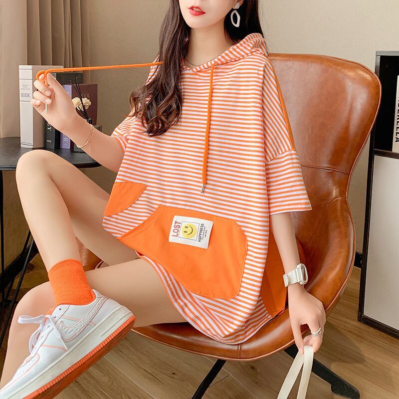 スタイルアップ効果抜群 ストライプ柄 アバンギャルド 切り替え レース プリント全2色 半袖TシャツF-9111