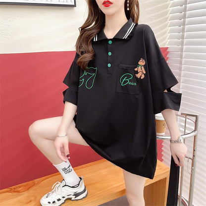 POLOネック   ベアー ロング Tシャツ 三色 ゆったりワンピース＜F-3991＞