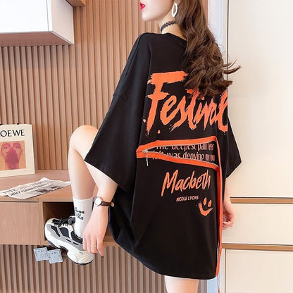 【人気商品再入荷！】   デザイン個性ゆったりミドル丈半袖Tシャツ<F-3036>