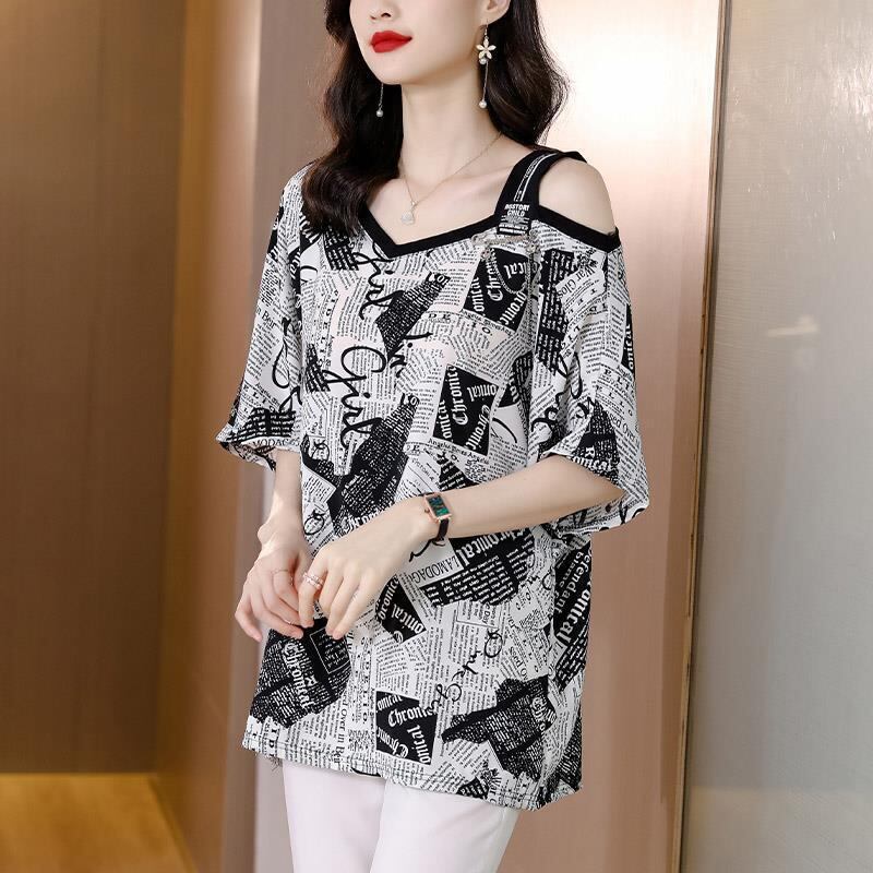 【半額！期間限定！！】絶対流行 特別デザイン 個性派 シフォン プリント 半袖Tシャツ＜F-8610＞