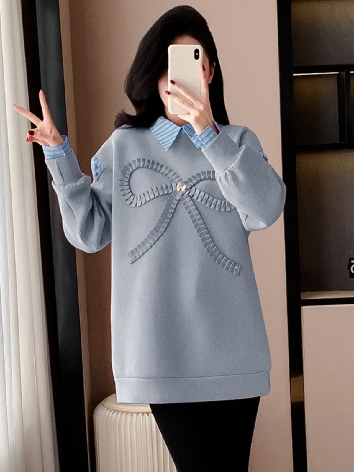 好感度UP レイヤード風 柔らかくて優しい印象 切り替え プラスベルベット 全3色 スウェット＜F-9809＞