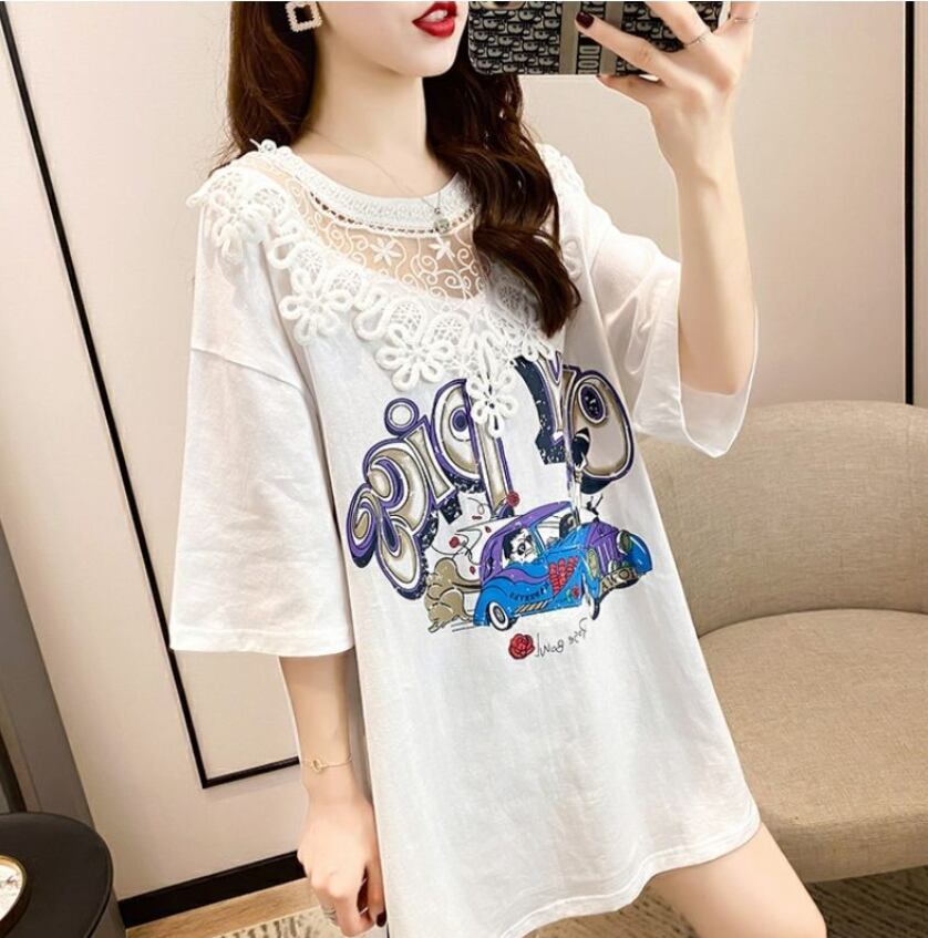 着回し力抜群 プリント カジュアル ビッグロゴ レース 切り替え 半袖Tシャツ 全3色＜F-8423＞