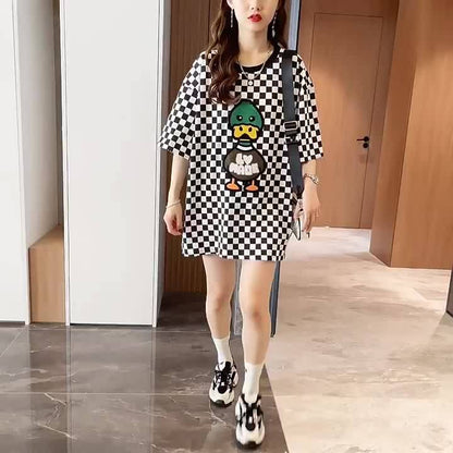 新商品 プリントTシャツ チェック柄 ゆったり半袖＜F-8694＞