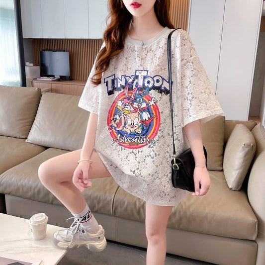 ハイエンドデザインセンスレース中空ルーズミドル丈半袖Tシャツ<F-3035>
