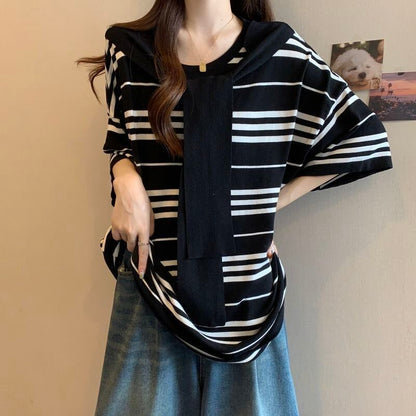 超人気 レイヤード風 カジュアル ストライプ柄 ゆったり 半袖 Tシャツ＜F-8797＞