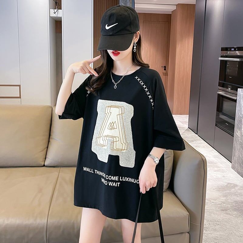 超人気商品 ロング アルファベット プリントTシャツ 三色 ゆったり半袖 ＜F-4019＞