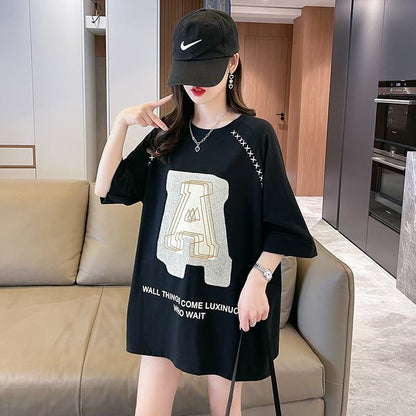 超人気商品 ロング アルファベット プリントTシャツ 三色 ゆったり半袖 ＜F-4019＞