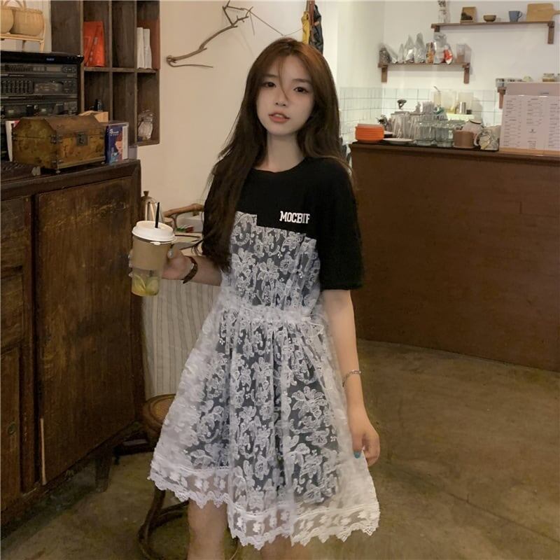 売れ筋   レース 膝丈 半袖 Tシャツワンピース ＜F-1953＞