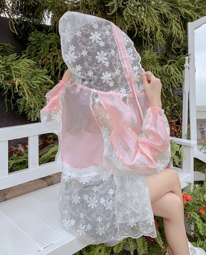 【人気急上昇中！】半額セール キュート 美人度アップ 透け感 日焼け対策 レース 刺繍 全3色 パーカー コート＜F-8510＞