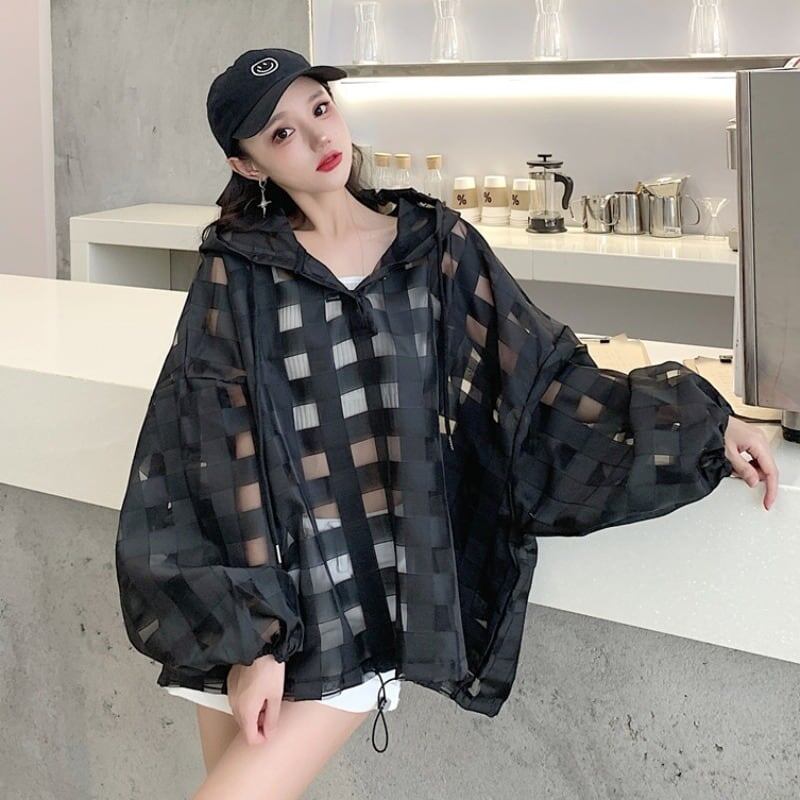 大人気 チェック柄 ゆったり 日焼け対策 UVカット 冷房対策 着?せ 長袖 フード付き シャツ ＜F-1910＞