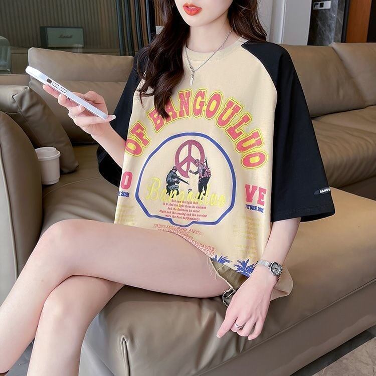 夏新作   プリント ラグランTシャツ 三色 ゆったりワンピース ＜F-4003＞