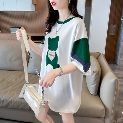 カジュアルルーズワッペン刺繍ステッチカラーブロック半袖Tシャツ<F-2870>