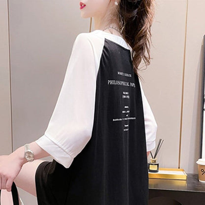 好感度満載 切り替え 美感いっぱい プリント Tシャツ カットソー＜F-3479＞