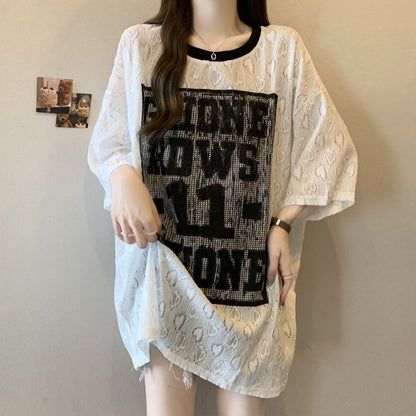 超人気 アバンギャルド 絶対流行 レース プリント全2色 半袖TシャツF-8798