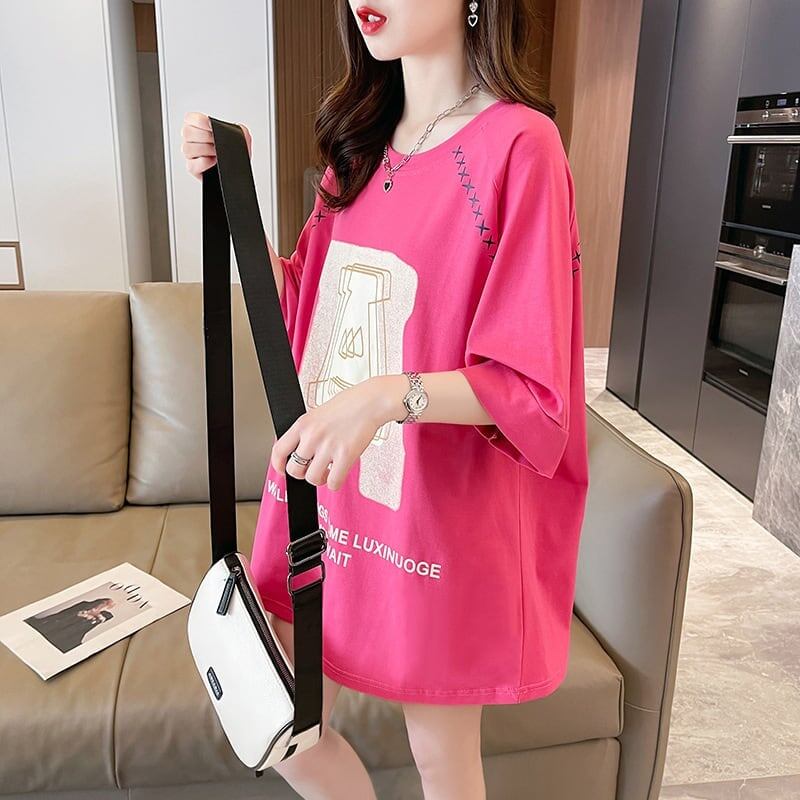 超人気商品 ロング アルファベット プリントTシャツ 三色 ゆったり半袖 ＜F-4019＞