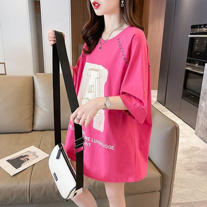 超人気商品 ロング アルファベット プリントTシャツ 三色 ゆったり半袖 ＜F-4019＞