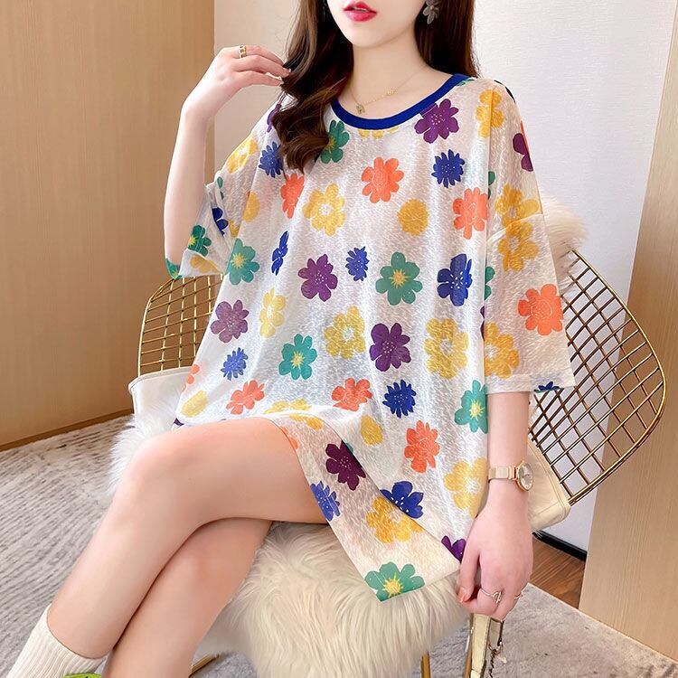 大人可愛い 半袖 紫外線対策 ラウンドネック ルーズ Tシャツ ＜F-8642＞