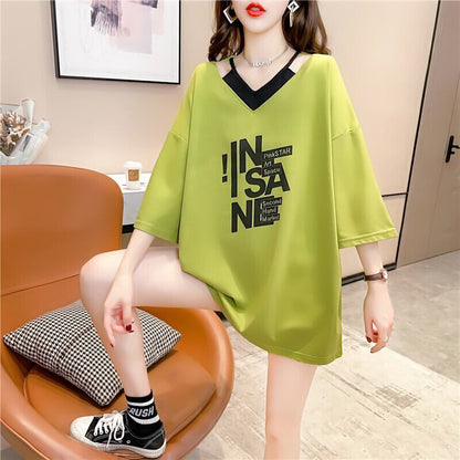 売れ筋 アルファベット Vネック フェイクレイヤード ゆったり 着?せ 半袖 Tシャツ ＜F-2005＞