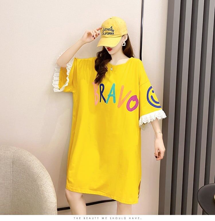 夏新作 アルファベット オーバーサイズ フリル プリントTシャツ 三色 ゆったり半袖＜F-3009＞