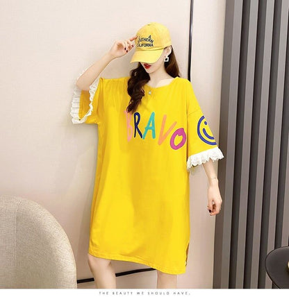 夏新作 アルファベット オーバーサイズ フリル プリントTシャツ 三色 ゆったり半袖＜F-3009＞