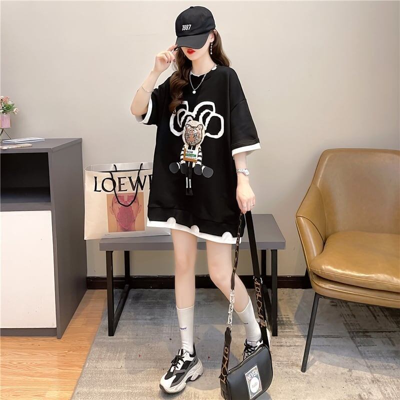 気質ルーズ漫画プリントミッドレングス半袖Tシャツ<F-3026>