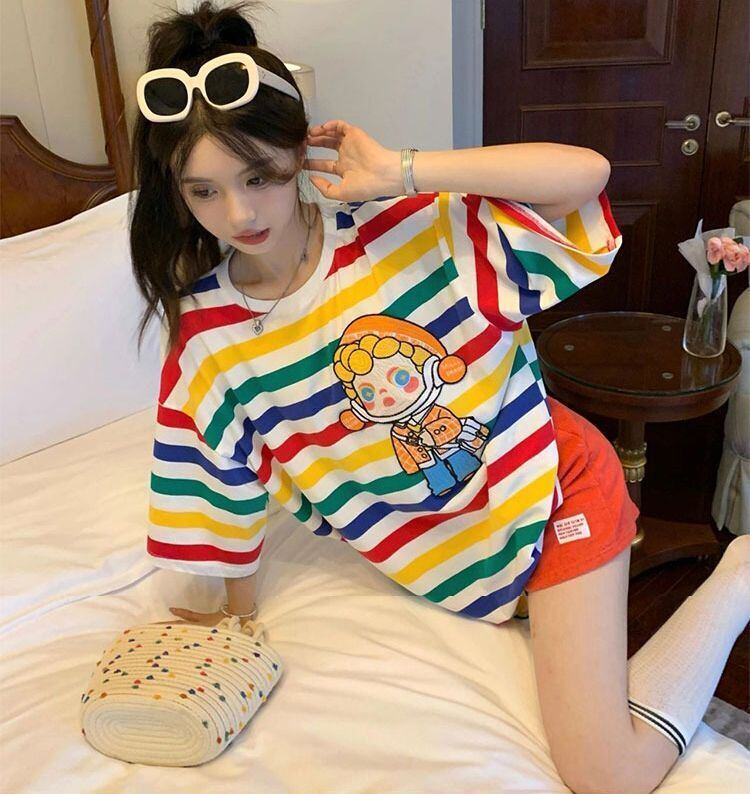 売り切れ必至 トレンドアイテム 存在感抜群 ストライプ柄 半袖TシャツF-9270