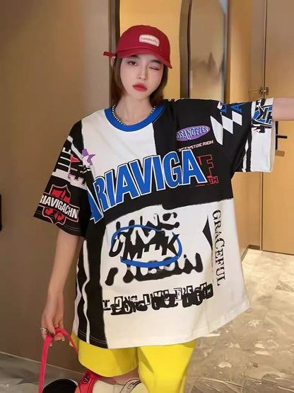 スタイルアップ効果抜群 レース アバンギャルド ダブルプリント全2色 半袖TシャツF-8980