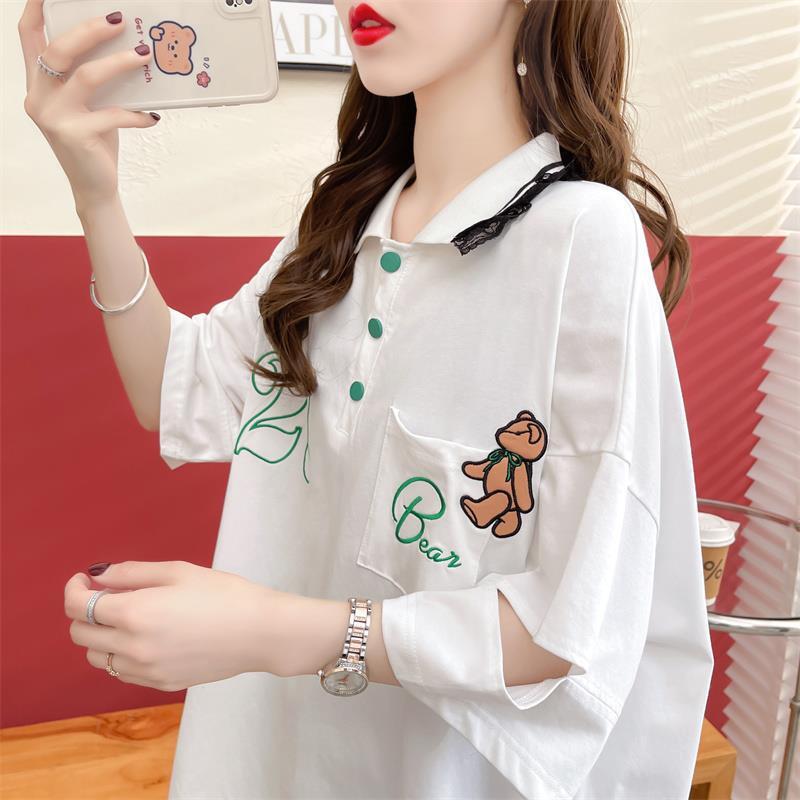 POLOネック   ベアー ロング Tシャツ 三色 ゆったりワンピース＜F-3991＞