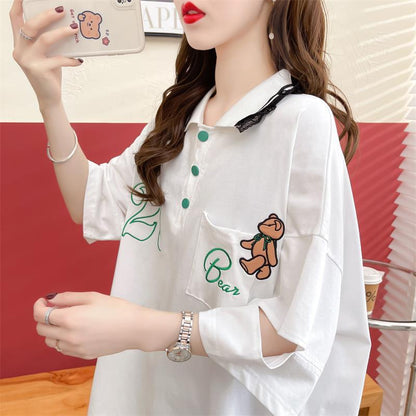 POLOネック   ベアー ロング Tシャツ 三色 ゆったりワンピース＜F-3991＞