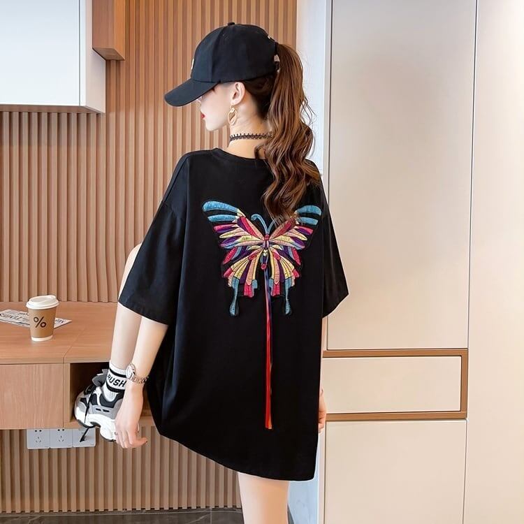 最新デザインセンス刺繍純綿ルーズ半袖Tシャツ<F-2949>