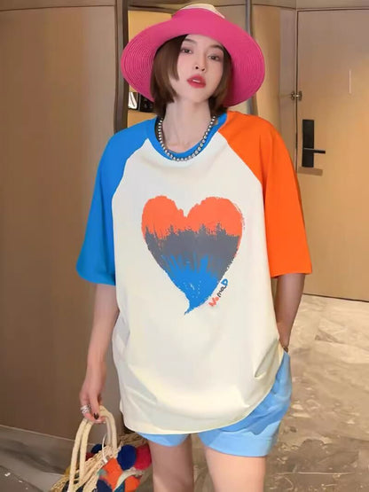 絶対欲しい プリント ロゴ カラーマッチング ゆったり 3色半袖Tシャツ＜F-8383＞