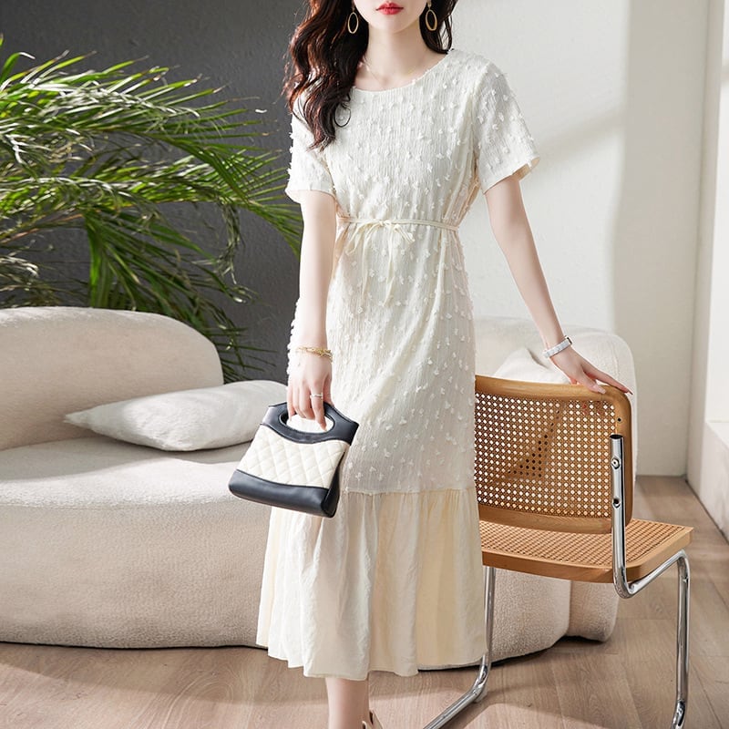 絶対欲しい エレガント 美人度アップ シフォン フリル 半袖ワンピース<F-8481>